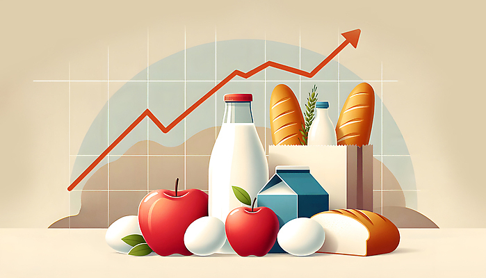 JPG 화살표 음식 빵 과일 일러스트 그래프 사람없음 경제 종이봉투 계란 우유 사과 담기 상승 경제활동 인플레이션 국내일러스트 AI일러스트 AI콘텐츠 컨셉 모션 봉투 유제품 알 파일형식