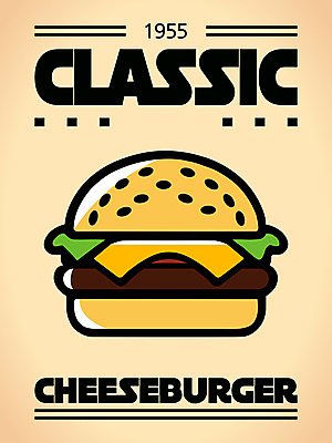 포스터 일러스트 사람없음 햄버거 플랫 클래식 치즈버거 국내일러스트 AI파일 컨셉 패스트푸드 파일형식 벡터