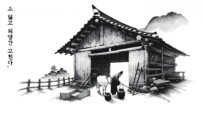 PSD 편집이미지 남자 백그라운드 수묵화 한명 성인 소 수리 먹 디지털합성 속담 외양간 성인남자한명만 편집소스 이미지편집 문자 1 포유류 서예 미술 사람 남자한명만 성인남자만 파일형식