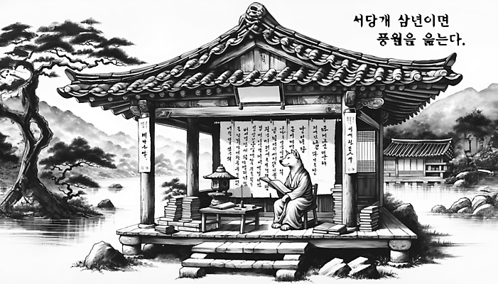 PSD 편집이미지 백그라운드 의자 의인화 기와 수묵화 들기 앉기 사람없음 책 소나무 개 먹 디지털합성 속담 서당 편집소스 이미지편집 나무 문자 가구 포유류 모션 서예 미술 파일형식