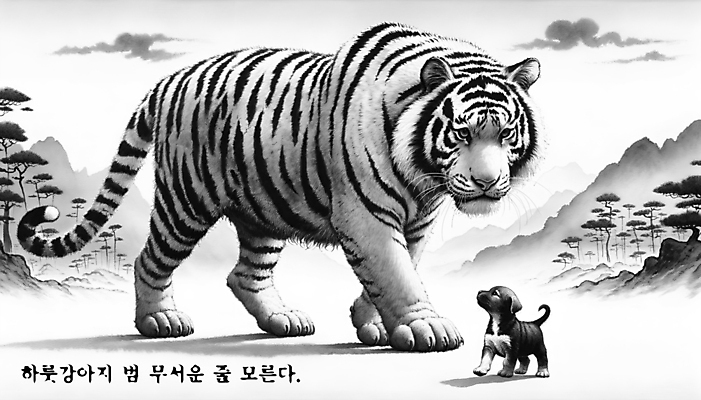 PSD 편집이미지 백그라운드 수묵화 사람없음 걷기 자신감 호랑이 개 강아지 먹 디지털합성 속담 편집소스 이미지편집 문자 감정 포유류 모션 서예 미술 반려동물 파일형식