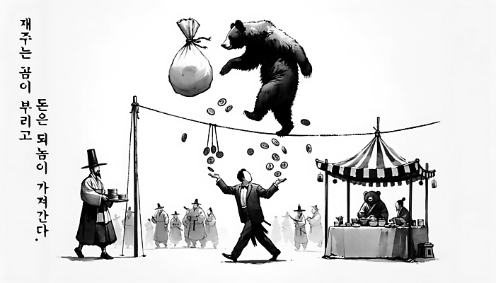 PSD 편집이미지 남자 백그라운드 곰 수묵화 여러명 성인 손들기 돈자루 먹 구경 디지털합성 천막 속담 외줄타기 성인남자만 편집소스 이미지편집 동물 문자 다수 돈 포유류 모션 서예 미술 사람 묘기 줄타기 남자만 성인만 파일형식