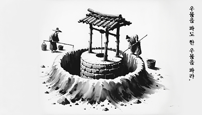 PSD 편집이미지 남자 백그라운드 수묵화 성인 두명 먹 디지털합성 속담 우물 두레박 땅파기 물동이 성인남자만 편집소스 이미지편집 문자 서예 미술 사람 남자만 성인만 파일형식