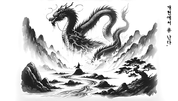 PSD 편집이미지 응시 백그라운드 두마리 수묵화 한명 성인 계곡 용 비행 개울 먹 디지털합성 속담 성인남자한명만 편집소스 이미지편집 문자 1 시선 2 서예 미술 사람 강 남자한명만 성인남자만 파일형식