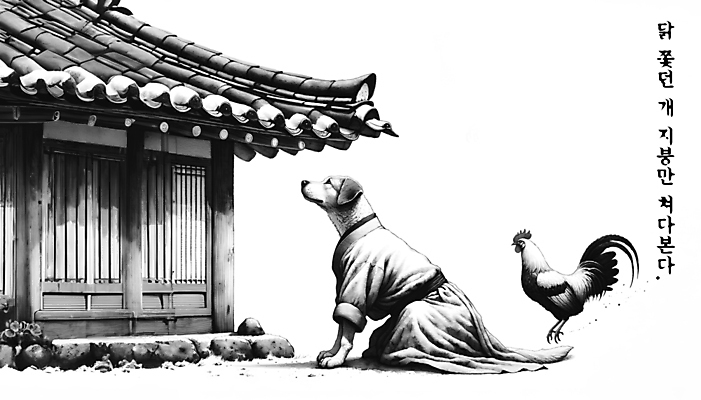 PSD 편집이미지 응시 백그라운드 지붕 기와집 수묵화 사람없음 닭 개 먹 디지털합성 속담 편집소스 놓침 이미지편집 문자 시선 포유류 모션 조류 서예 한옥 미술 파일형식