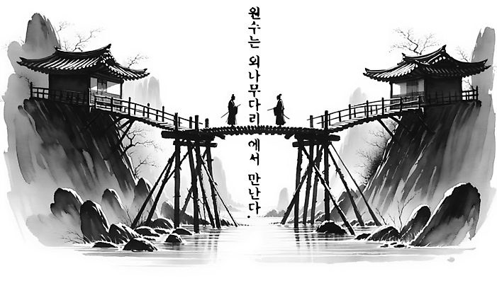 PSD 편집이미지 남자 백그라운드 수묵화 성인 두명 마주보기 먹 디지털합성 속담 외나무다리 성인남자만 편집소스 이미지편집 문자 모션 서예 미술 사람 남자만 성인만 파일형식