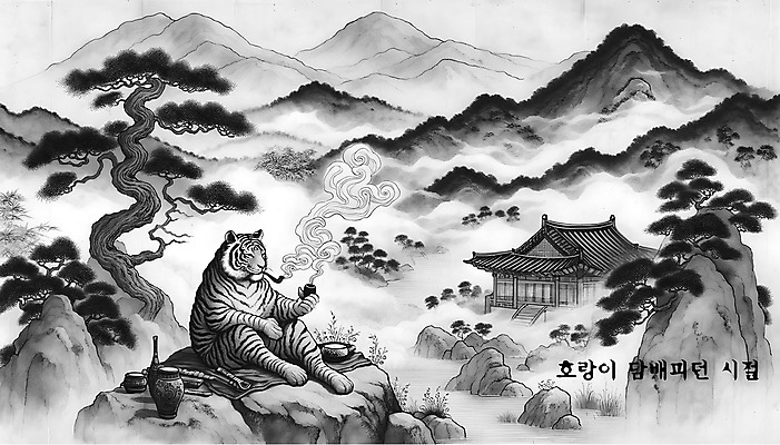 PSD 나무 편집이미지 백그라운드 산 흡연 담배 의인화 수묵화 들기 사람없음 호랑이 먹 디지털합성 속담 담뱃대 옛날 편집소스 이미지편집 식물 문자 포유류 모션 서예 미술 파일형식