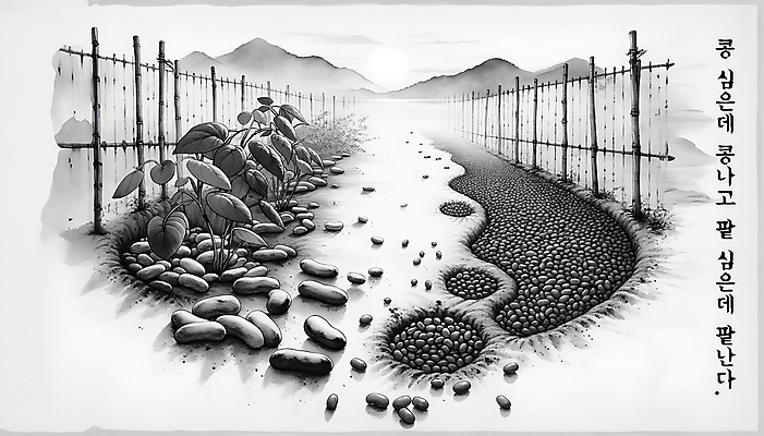 PSD 편집이미지 백그라운드 밭 콩 수묵화 사람없음 울타리 먹 디지털합성 팥 속담 편집소스 이미지편집 문자 농업 서예 곡류 미술 담장 파일형식