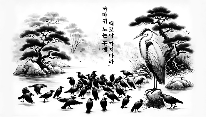 PSD 편집이미지 백그라운드 여러마리 수묵화 사람없음 먹 디지털합성 까마귀 속담 편집소스 이미지편집 문자 다수 조류 서예 미술 파일형식