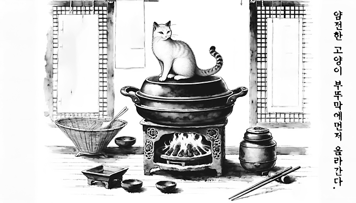 PSD 편집이미지 백그라운드 수묵화 사람없음 고양이 아궁이 먹 디지털합성 오르기 속담 부뚜막 편집소스 이미지편집 문자 포유류 모션 서예 미술 반려동물 파일형식