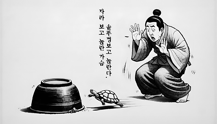 PSD 편집이미지 남자 백그라운드 이동 수묵화 한명 성인 손들기 놀람 거북이 먹 디지털합성 속담 솥뚜껑 자라 성인남자한명만 편집소스 이미지편집 문자 1 감정 컨셉 파충류 모션 서예 표정 미술 사람 남자한명만 성인남자만 파일형식