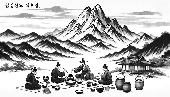 PSD 편집이미지 남자 백그라운드 산 수묵화 앉기 여러명 성인 식사 먹 디지털합성 속담 성인남자만 편집소스 이미지편집 문자 다수 모션 서예 미술 사람 남자만 성인만 파일형식