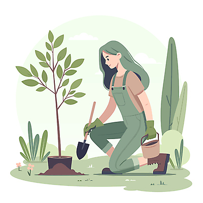 전신 나무 식물 여자 잎 일러스트 한명 들기 잔디 성인 초록색 바구니 흙 삽 식목일 나무심기 모종 묘목 성인여자한명만 무릎구부리기 국내일러스트 AI파일 1 기념일 컬러 포즈 모션 사람 심기 여자한명만 성인여자만 파일형식 벡터