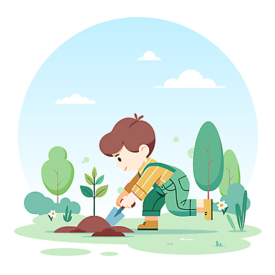 전신 나무 식물 구름 남자 꽃 어린이 잎 일러스트 하늘 한명 소년 잔디 초록색 흙 삽 식목일 나무심기 모종 묘목 소년한명만 국내일러스트 AI파일 자연요소 1 기념일 컬러 사람 심기 남자한명만 소년만 파일형식 벡터