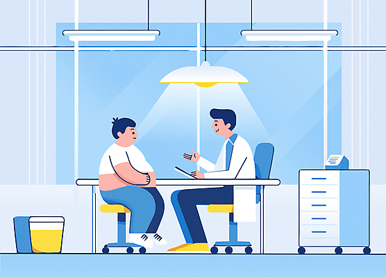 전신 남자 어린이 의자 일러스트 전등 건강 병원 앉기 소년 성인 두명 파란색 진료 환자 의사 비만 책상 상담 소아비만 남자만 국내일러스트 AI파일 컬러 가구 의학 모션 조명 사람 의료진 질병 몸매 파일형식 벡터