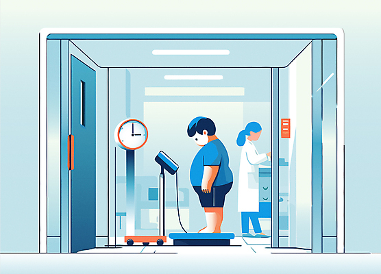 전신 여자 남자 어린이 일러스트 실내 건강 병원 서기 소년 성인 두명 파란색 진료 환자 의사 몸무게 비만 체중계 소아비만 국내일러스트 AI파일 컬러 의학 모션 사람 내부 의료진 질병 몸매 파일형식 벡터