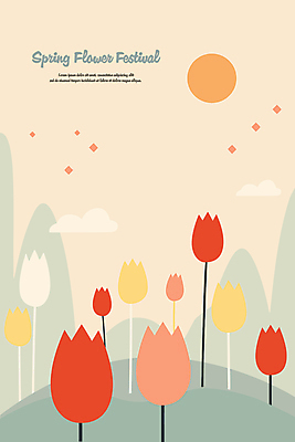 구름 꽃밭 일러스트 산 사람없음 태양 봄 튤립 분위기 베이지색 카피스페이스 국내일러스트 AI파일 자연요소 계절 꽃 컬러 컨셉 공백 파일형식 벡터