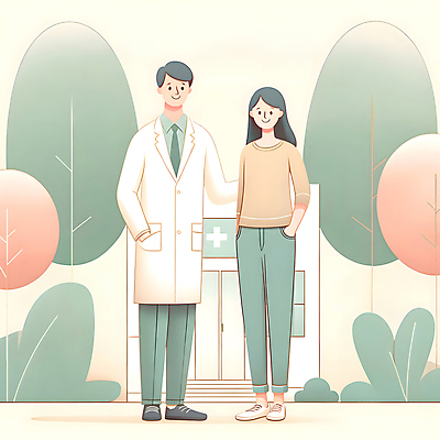 JPG 전신 나무 여자 남자 일러스트 의학 친절 건강 병원 성인 두명 초록색 환자 의사 주머니손 보건 성인만 국내일러스트 AI일러스트 AI콘텐츠 식물 컬러 모션 사람 의료진 파일형식