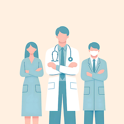 JPG 전신 여자 남자 하늘색 일러스트 청진기 건강 성인 세명 팔짱 환자 의사 의사가운 베이지색 성인만 국내일러스트 AI일러스트 AI콘텐츠 컬러 의학 의료기기 모션 사람 파란색 의료진 가운 파일형식