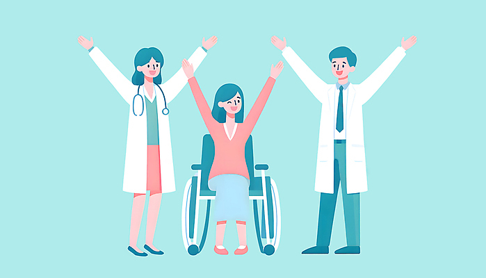 JPG 전신 여자 남자 하늘색 일러스트 청진기 친절 건강 서기 웃음 사람 앉기 성인 치료 세명 손들기 만세 환자 의사 휠체어 회복 성인만 국내일러스트 AI일러스트 AI콘텐츠 컨셉 의학 의료기기 모션 표정 파란색 의료진 파일형식