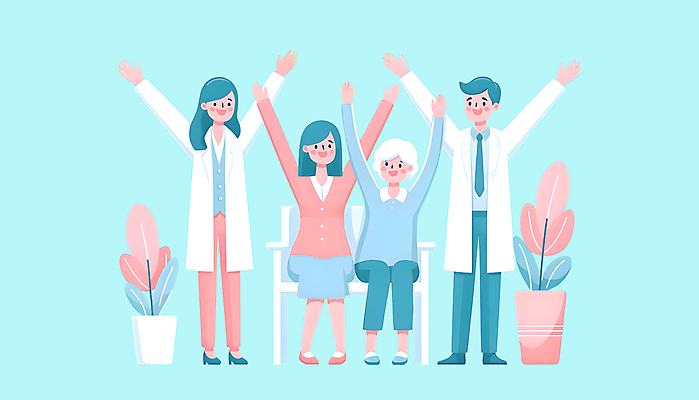 JPG 전신 식물 여자 노년 남자 하늘색 의자 일러스트 의학 친절 건강 서기 앉기 여러명 성인 만세 환자 의사 회복 국내일러스트 AI일러스트 AI콘텐츠 가구 다수 컨셉 모션 사람 파란색 의료진 파일형식