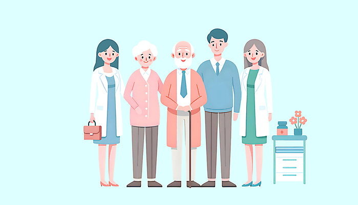 JPG 전신 여자 노년 남자 꽃 하늘색 가방 일러스트 의학 지팡이 친절 건강 웃음 들기 여러명 성인 치료 환자 의사 약병 서랍장 회복 국내일러스트 AI일러스트 AI콘텐츠 식물 잡화 가구 다수 컨셉 모션 표정 사람 파란색 약 의료진 병_담는 파일형식