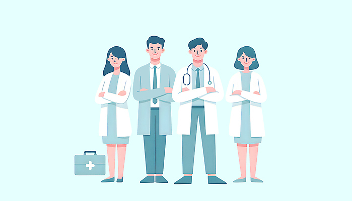 JPG 전신 여자 남자 하늘색 가방 일러스트 의학 청진기 친절 병원 여러명 성인 팔짱 진료 의사 성인만 국내일러스트 AI일러스트 AI콘텐츠 잡화 다수 의료기기 모션 사람 파란색 의료진 파일형식