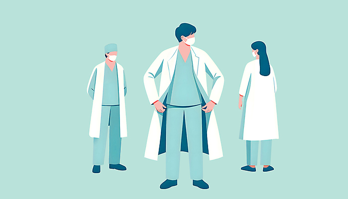 JPG 전신 응시 여자 남자 허리손 하늘색 일러스트 의학 마스크 성인 세명 의사 의사가운 고민 성인만 국내일러스트 AI일러스트 AI콘텐츠 시선 감정 포즈 사람 파란색 의료진 가운 파일형식