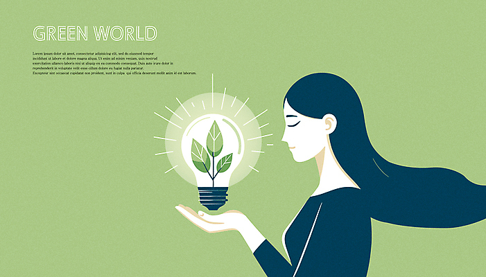 여자 캠페인 일러스트 전구 나뭇잎 안내 한명 들기 상반신 성인 타이포그라피 초록색 환경 눈감음 그린캠페인 보호 환경운동 성인여자한명만 국내일러스트 AI파일 문자 1 컬러 컨셉 잎 모션 사람 여자한명만 성인여자만 파일형식 벡터