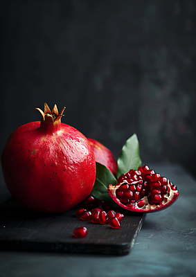 JPG 편집이미지 단면 나뭇잎 건강 사람없음 빨간색 신선 낟알 석류 카피스페이스 편집실사 AI포토 AI콘텐츠 컬러 잎 과일 공백 CG 파일형식