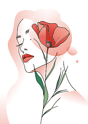 여자 패션 꽃 일러스트 한명 성인 빨간색 뷰티 우아함 라인아트 심플 번짐 성인여자한명만 국내일러스트 AI파일 식물 1 선 컬러 컨셉 사람 여자한명만 성인여자만 파일형식 벡터 효과