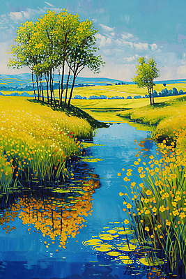 JPG 나무 꽃 일러스트 자연 풍경 초원 사람없음 물 강 풀 디지털합성 그림 국내일러스트 AI일러스트 AI콘텐츠 자연요소 식물 생태계 파일형식