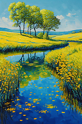 JPG 나무 꽃 일러스트 자연 풍경 초원 사람없음 물 강 반사 풀 디지털합성 그림 국내일러스트 AI일러스트 AI콘텐츠 자연요소 식물 생태계 파일형식