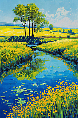 JPG 나무 꽃 일러스트 자연 풍경 초원 사람없음 물 반사 풀 디지털합성 그림 국내일러스트 AI일러스트 AI콘텐츠 자연요소 식물 생태계 파일형식