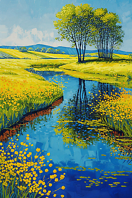 JPG 나무 꽃 일러스트 자연 풍경 초원 사람없음 물 강 반사 풀 디지털합성 그림 국내일러스트 AI일러스트 AI콘텐츠 자연요소 식물 생태계 파일형식