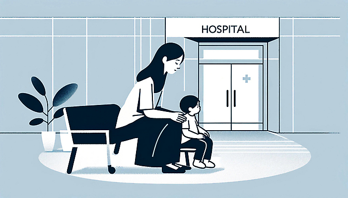 JPG 전신 여자 남자 아들 어린이 일러스트 의학 엄마 병원 소년 성인 두명 진료 대기 기다림 사회이슈 고민 걱정 국내일러스트 AI일러스트 AI콘텐츠 감정 컨셉 가족 모션 사람 파일형식