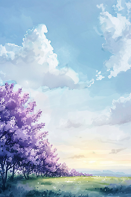 JPG 나무 구름 꽃 하늘색 일러스트 하늘 풍경 초원 사람없음 보라색 봄 라일락 국내일러스트 AI일러스트 AI콘텐츠 자연요소 식물 계절 컬러 파란색 파일형식