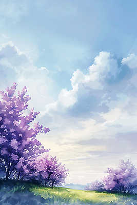 JPG 나무 구름 꽃 하늘색 일러스트 하늘 풍경 초원 사람없음 보라색 봄 라일락 국내일러스트 AI일러스트 AI콘텐츠 자연요소 식물 계절 컬러 파란색 파일형식