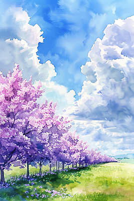 JPG 나무 구름 꽃 하늘색 일러스트 하늘 풍경 초원 사람없음 보라색 봄 라일락 국내일러스트 AI일러스트 AI콘텐츠 자연요소 식물 계절 컬러 파란색 파일형식