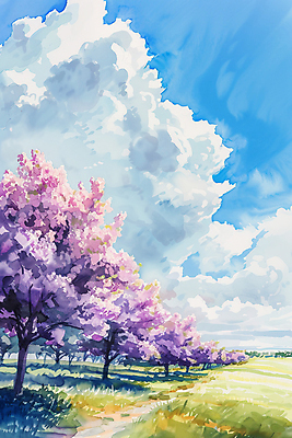 JPG 나무 구름 꽃 하늘색 일러스트 하늘 풍경 초원 사람없음 보라색 봄 라일락 국내일러스트 AI일러스트 AI콘텐츠 자연요소 식물 계절 컬러 파란색 파일형식