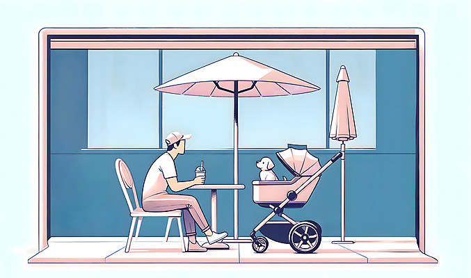 JPG 전신 남자 반려견 커피 의자 일러스트 가족 탁자 한명 들기 앉기 성인 야외 파란색 카페 파라솔 개 강아지 승차 유모차 테이크아웃컵 성인남자한명만 개모차 국내일러스트 AI일러스트 AI콘텐츠 1 음료 컬러 가구 포유류 관계 모션 사람 컵 반려동물 상점 아기용품 애견용품 남자한명만 성인남자만 파일형식