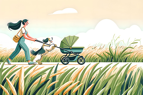 JPG 전신 여자 반려견 일러스트 가족 자연 갈대 한명 초원 성인 초록색 산책 개 강아지 유모차 성인여자한명만 개모차 국내일러스트 AI일러스트 AI콘텐츠 식물 1 컬러 포유류 관계 휴식 사람 반려동물 아기용품 생태계 애견용품 여자한명만 성인여자만 파일형식