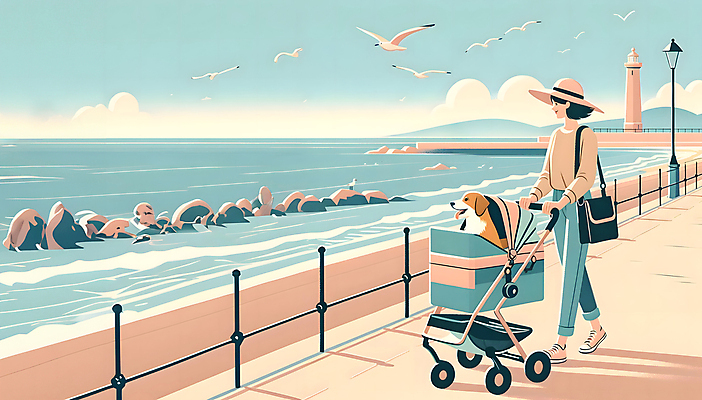 JPG 전신 응시 여자 반려견 파도 가로등 일러스트 가족 갈매기 등대 한명 성인 해변 파란색 산책 바위 개 강아지 승차 유모차 성인여자한명만 개모차 국내일러스트 AI일러스트 AI콘텐츠 1 시선 공공시설 바다 컬러 포유류 관계 모션 조류 휴식 사람 반려동물 아기용품 돌_바위 애견용품 여자한명만 성인여자만 파일형식