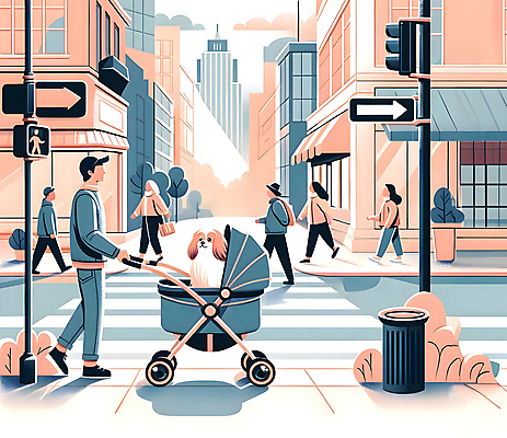 JPG 전신 남자 반려견 일러스트 가족 빌딩 여러명 성인 건물 파란색 산책 도시 보행자 횡단보도 개 강아지 승차 신호등 유모차 살구색 성인만 개모차 국내일러스트 AI일러스트 AI콘텐츠 건축물 컬러 다수 포유류 관계 모션 휴식 사람 반려동물 아기용품 보행로 애견용품 파일형식