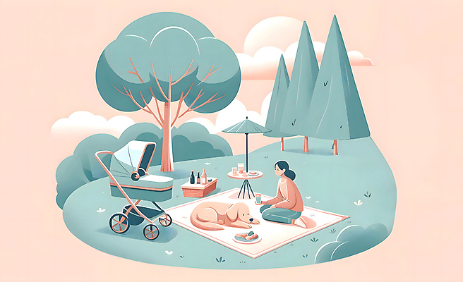 JPG 전신 나무 여자 반려견 일러스트 가족 탁자 한명 잔디 성인 초록색 소풍 산책 개 강아지 돗자리 유모차 소풍바구니 성인여자한명만 개모차 국내일러스트 AI일러스트 AI콘텐츠 식물 1 컬러 가구 포유류 관계 휴식 사람 반려동물 야외활동 바구니 아기용품 애견용품 여자한명만 성인여자만 파일형식