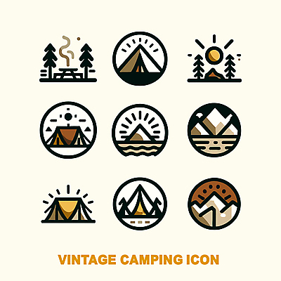 나무 일러스트 불 산 아웃도어 텐트 사람없음 태양 라벨 캠핑 달 빈티지 엘리먼트 국내일러스트 AI파일 자연요소 식물 컨셉 레저 프레임 캠핑도구 파일형식 벡터