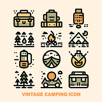 나무 일러스트 배낭 아웃도어 텐트 캠핑도구 사람없음 태양 라벨 캠핑 달 랜턴 빈티지 모닥불 엘리먼트 백패킹 국내일러스트 AI파일 자연요소 식물 컨셉 가방 불 레저 조명 프레임 레포츠 도구 파일형식 벡터