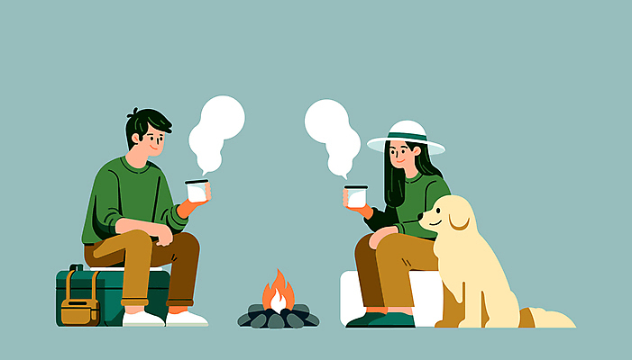 전신 한마리 커플 여자 남자 반려견 일러스트 휴식 들기 앉기 성인 두명 캠핑 머그컵 개 모닥불 성인만 캠핑박스 국내일러스트 AI파일 1 컨셉 포유류 관계 모션 불 레저 캠핑도구 사람 컵 반려동물 파일형식 벡터