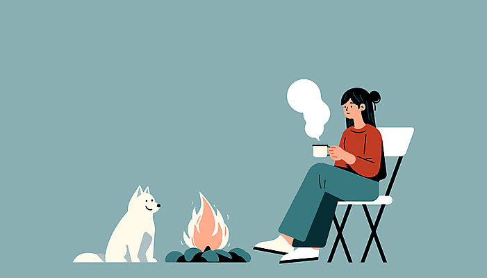 전신 한마리 여자 반려견 의자 일러스트 휴식 한명 앉기 성인 야외 파란색 머그컵 개 모닥불 성인여자한명만 국내일러스트 AI파일 1 컬러 가구 컨셉 포유류 모션 불 사람 컵 반려동물 여자한명만 성인여자만 파일형식 벡터