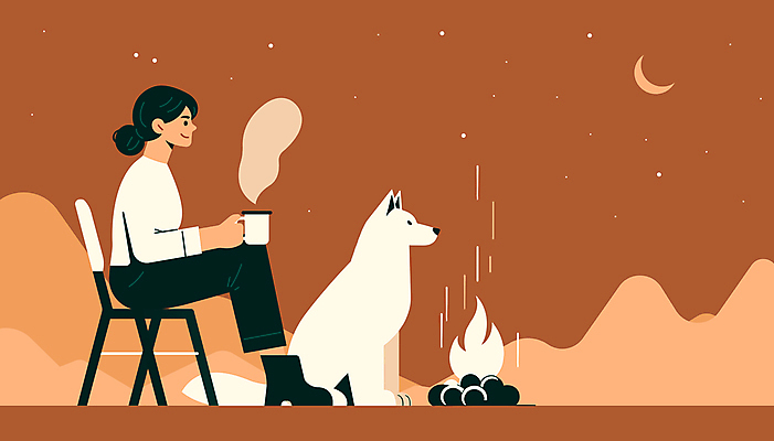 전신 한마리 여자 반려견 커피 의자 일러스트 밤하늘 휴식 한명 들기 앉기 성인 야외 갈색 머그컵 개 초승달 모닥불 성인여자한명만 국내일러스트 AI파일 1 음료 컬러 가구 컨셉 포유류 모션 하늘 불 사람 컵 반려동물 달 야간 여자한명만 성인여자만 파일형식 벡터